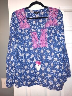 J. Crew Blue and White Floral Blouse with Pink Embroidery